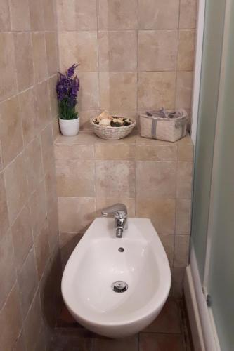 a white sink in a tiled bathroom with a plant at Agriturismo Villino del Grillo in San Gimignano