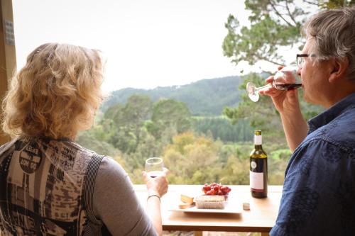 two women sitting at a table with a glass of wine at Fantail Point - secluded cabin with amazing views in Upper Papamoa