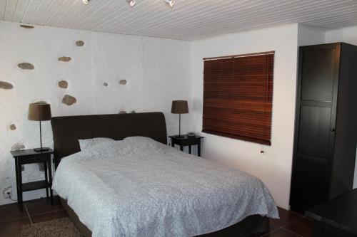 a bedroom with a bed and a window and two tables at Au cœur du vignoble sur Bursins in Bursins