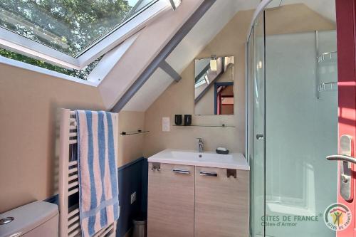 a bathroom with a sink and a skylight at Ker desiree in Plélo