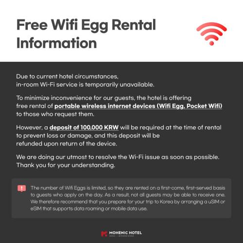 a page of a document with a wifi renewal information at Mohenic Hotel Seoul Myeongdong in Seoul