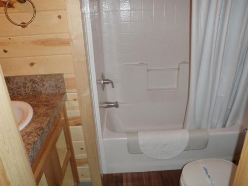 ein Bad mit einer Dusche, einem WC und einem Waschbecken in der Unterkunft Seaside Camping Resort Cottage 9 in Seaside