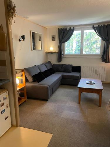 a living room with a couch and a table at Studio chaleureux 25m2 100m du centre 3-4 personnes in Vars