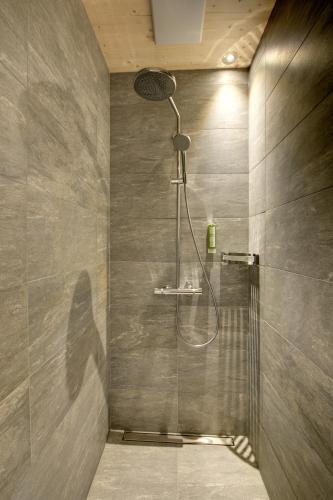 a shower with a shower head in a bathroom at Hotel Rovanada Wellness & BergNatur in Vals