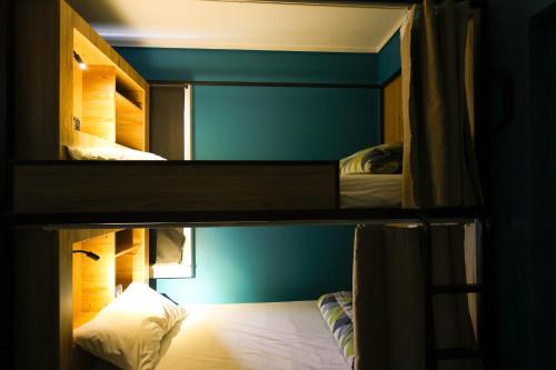 two bunk beds in a room with blue walls at Crashpalace Backpackers in Rotorua