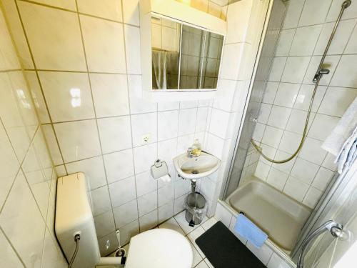 Un baño con inodoro, lavabo y ducha. en Pension Spatzennest, en Bad Rappenau