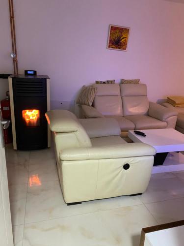 a living room with a couch and a fire place at Vikendica ''CASA DE TARA'' - Planina Tara in Kaludjerske Bare
