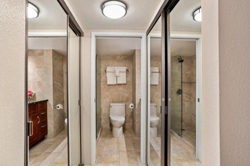 a bathroom with a toilet and a walk in shower at Mahana 713 · MA 713 Luxury OceanFront Studio in Kahana