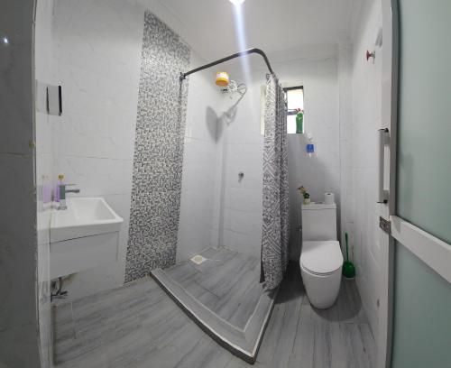 a bathroom with a shower with a toilet and a sink at JKIA and SGR Layover Guesthouse in Nairobi