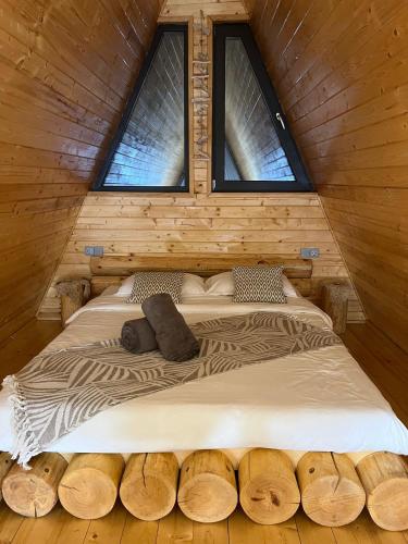 a bed in a log cabin with two windows at Cabana A Vis in Taşca