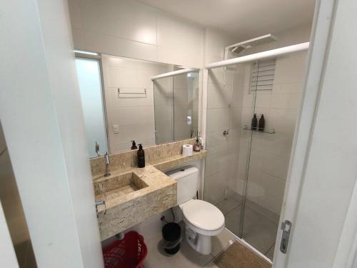 a bathroom with a sink and a toilet and a shower at Apartamento 2 quartos Blumenau a 10 minutos da Vila Germânica in Blumenau
