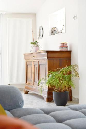 a living room with a cabinet and a potted plant at La Milena in Morancez