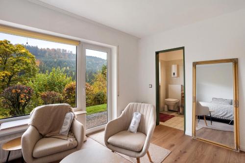a living room with two chairs and a large window at Ferienwohnung Wald-Ausblick in Willingen
