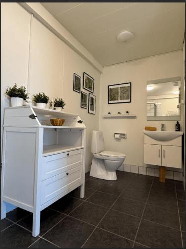 a white bathroom with a sink and a toilet at Kleifar: Ocean View Apartment in Hellissandur