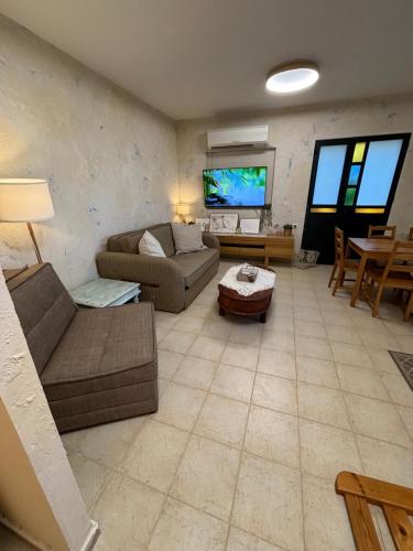 a living room with a couch and a tv at אירוח בעמק in Yesod Hamaala