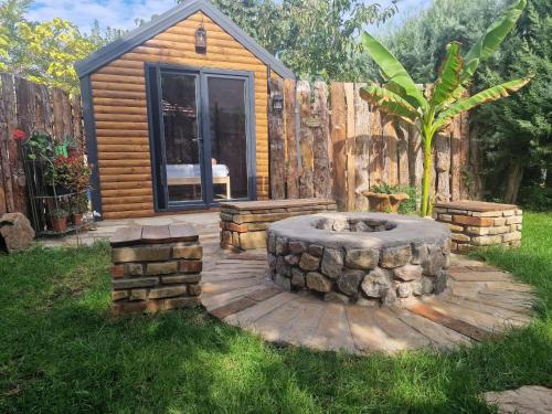 a log cabin with a fire pit in the yard at Maksimilijan Winery Apartments & wine tasting in Pepelište