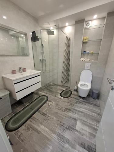 a bathroom with a shower and a toilet and a sink at Apartman Ditka in Bihać
