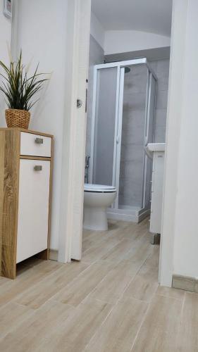 a bathroom with a toilet and a shower and a sink at Roca House in Valenzano
