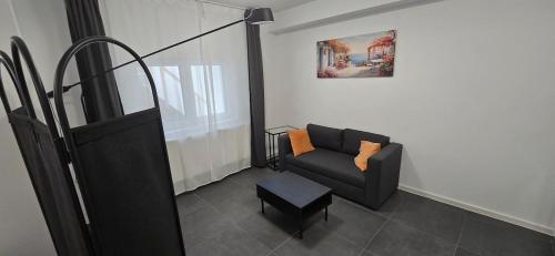 una sala de estar con un sofá y una silla en F 2 - 2 Zimmer Wohnung, en Offenbach