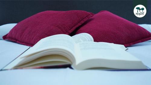an open book on a bed with a purple pillow at Hostal Rte. Casa Miguel in Matalascañas