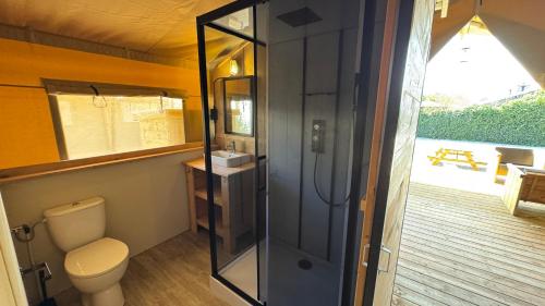a bathroom with a toilet and a glass shower at Safari lodge in Petten