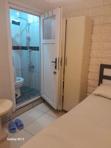a bathroom with a shower and a toilet and a door at Fatih simge in Istanbul