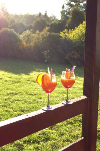 two cocktails in glasses sitting on a window sill at Domek Zofiówka dostęp na kod in Zofiówka