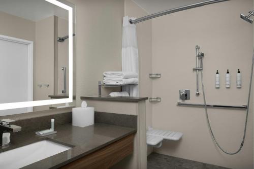 a bathroom with a shower and a sink and a toilet at Fairfield Inn & Suites Weldon in Weldon
