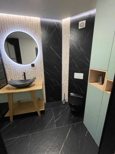 a bathroom with a sink and a mirror at Cristina Apartment in Râşnov