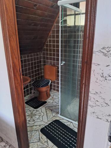 un bagno con wc e doccia in vetro di Chale Rio Nascente a Salesópolis