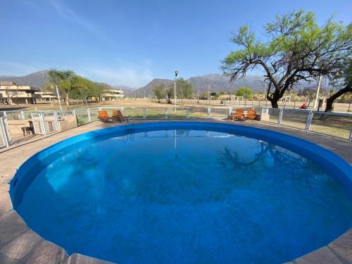 a large blue swimming pool with a view of a field at Complejo Chaya in La Rioja