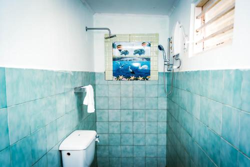 a bathroom with a toilet and a picture on the wall at Araliya Villa Hikkaduwa in Hikkaduwa