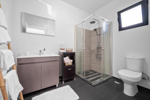 a bathroom with a shower and a toilet and a sink at Mimi Holiday House - Free Parking in Funchal