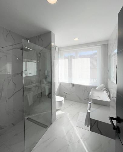 a bathroom with a shower and a sink and a toilet at Hotel Terme 36.6 in Priboj