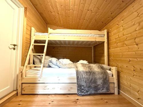 a bedroom with two bunk beds in a wooden cabin at Cabin in Lofoten - Northern Lights view 