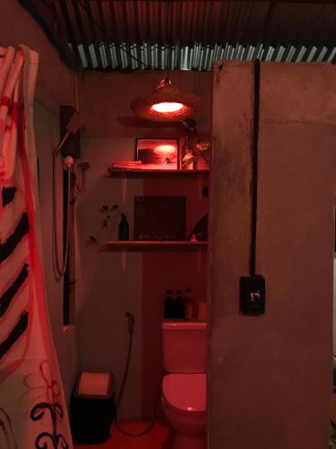 a bathroom with a pink toilet and a red light at The Art House in Villasis