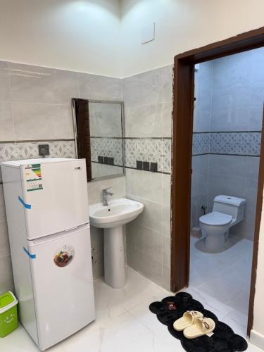 a bathroom with a refrigerator and a sink and a toilet at استراحة العلا in AlUla