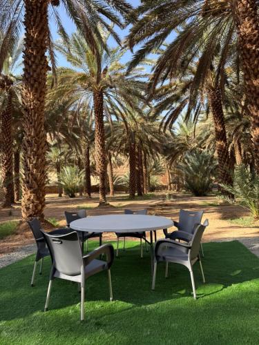 a table and chairs with palm trees in the background at استراحة العلا in AlUla
