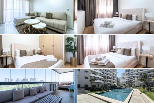 Un collage de cuatro fotografías de una habitación de hotel. en Appartement Familial à Zenata avec Piscine, en Aïn Harrouda