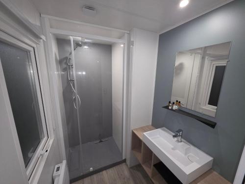 a bathroom with a shower and a sink and a mirror at Houlgate - 279 - Magnifique Mobilhome 6 personnes sur Camping 5 étoiles in Houlgate