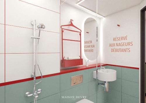 a bathroom with a shower and a sink and a mirror at ibis Styles Colombes Paris Ouest (Ouverture Octobre 2025) in Colombes