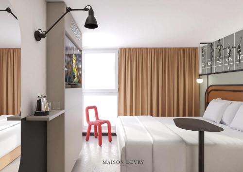 a bedroom with a white bed and a red chair at ibis Styles Colombes Paris Ouest (Ouverture Octobre 2025) in Colombes