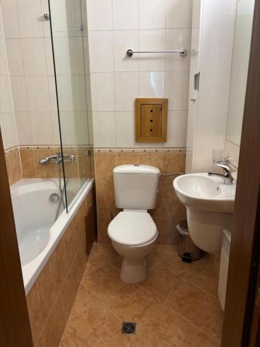 a bathroom with a toilet and a tub and a sink at Emily Pirin Golf in Razlog