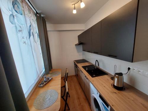 a small kitchen with a counter and a microwave at Apartmán, byt v Srdci Kráľovského mesta- Kežmarok in Kežmarok