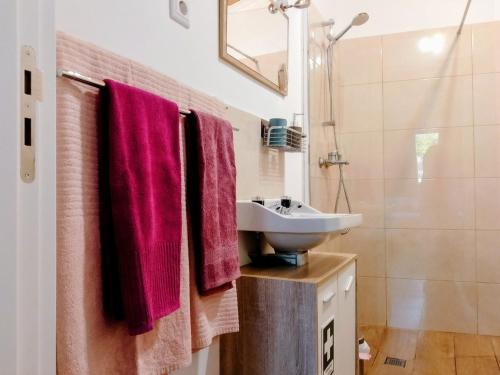 a bathroom with pink towels and a sink at Nova Aurora in Lousã