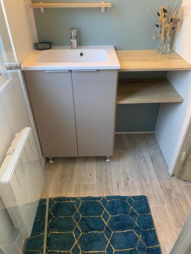 een badkamer met een wastafel en een blauw tapijt bij Au Petit Bonheur in Vias