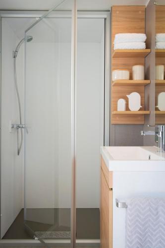 a bathroom with a glass shower and a sink at Chalet 4 of 6 persoons in Hoogersmilde