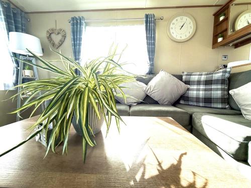 sala de estar con sofá y mesa con planta en Seashell Retreat, en Cayton