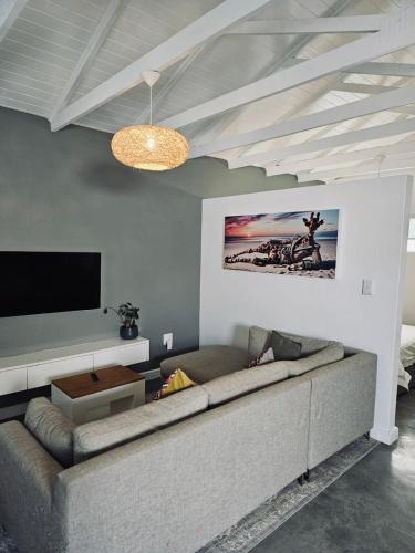 a living room with a couch and a flat screen tv at Blouberg Rise Cottage in Cape Town
