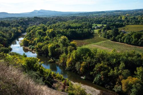 een luchtzicht op een rivier met bomen bij Les Cezennes in Saint-Ambroix